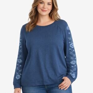 Weekend by Chico’s Embroidered Sleeve Top Size 1 Medium Blue